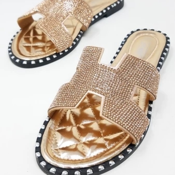 Shoes - New Rose Gold Sparkle Cut-Out Slide Sandals